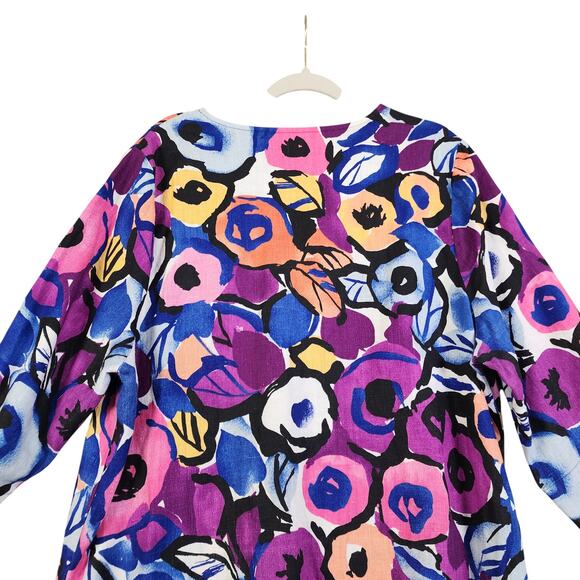 Hot Cotton Womens Linen Tunic Top Plus Size 1X Bright Watercolor Orchid Print - Picture 5 of 11